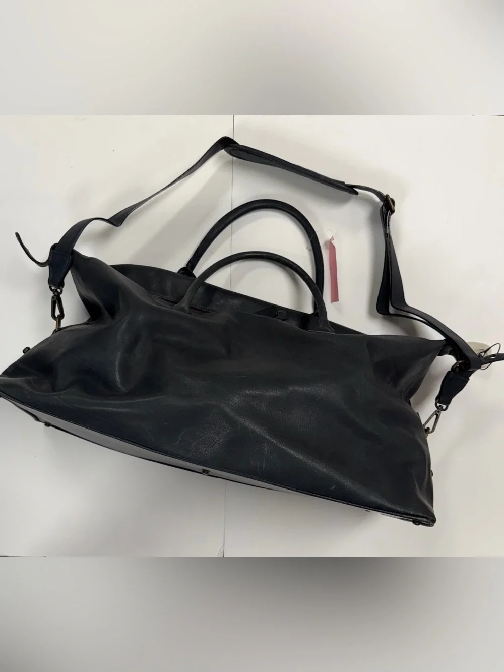 Moore & Giles Blue Leather “Benedict” Weekender Bag with Shoulder Strap.